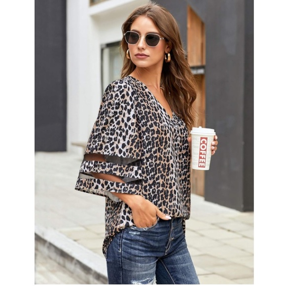 Leopard V-Neck 3/4 Bell Sleeve Mesh Panel Blouse - Picture 2 of 7